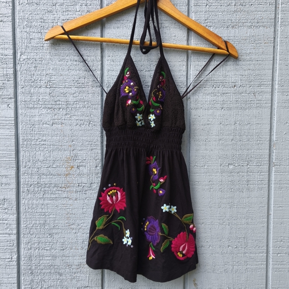 y2k Guess Embroidered Floral Babydoll Halter Top sz XS Black Beach Boho Romantic